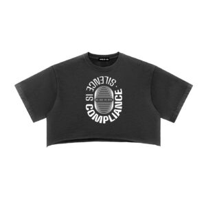 Cropped black T-shirt with a white circular graphic: the words SILENCE and COMPLIANCE around a striped center.