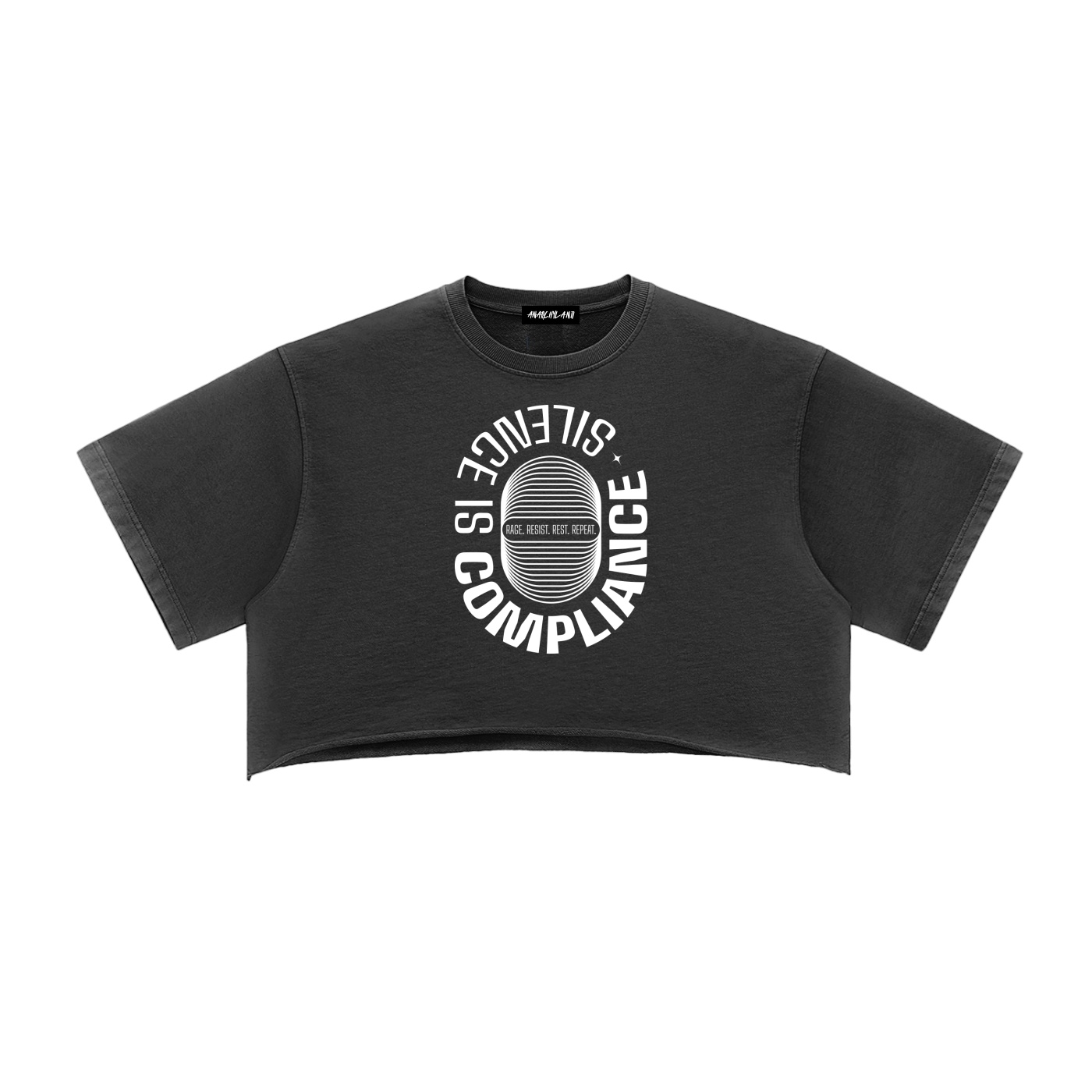 Cropped black T-shirt with a white circular graphic: the words SILENCE and COMPLIANCE around a striped center.
