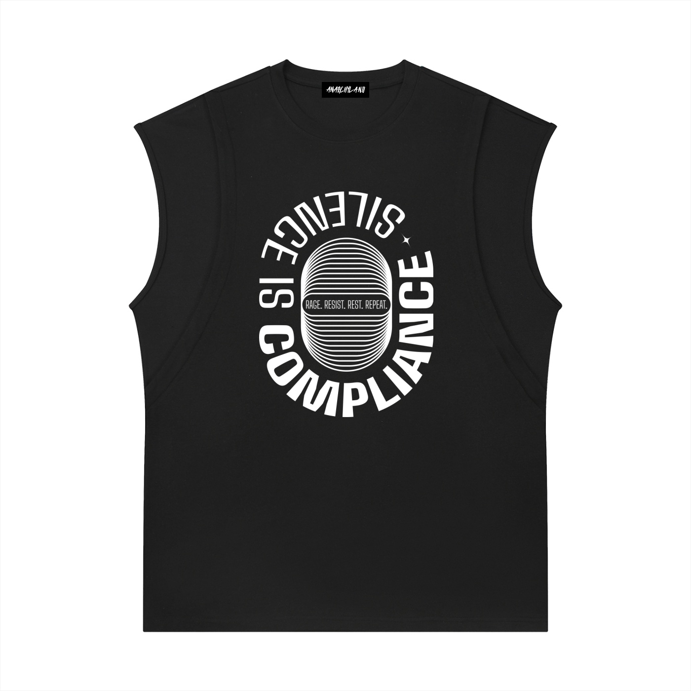 https://ajmall-vc-public-bucket.oss-us-west-1.aliyuncs.com/hugepod/material/custom_printing/14d98bf8e6364ce3a9e6c4ca190aaedf.png ⟢ Anarchyland Black sleeveless T-shirt featuring a bold white circular logo with a striped central oval and the phrase 'Science is Compliance' around it.