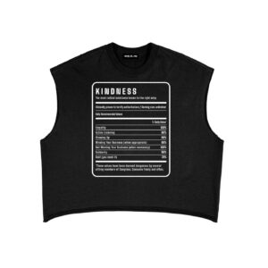 Black sleeveless tee featuring a white boxed infographic titled 'KINDNESS' with values like Empathy and Rest listed as percentages.