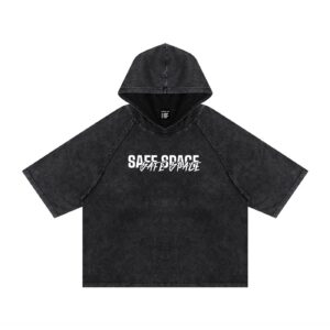 Dark washed-black short-sleeve hoodie with a hood and white 'SAFE SPACE' text on the front.