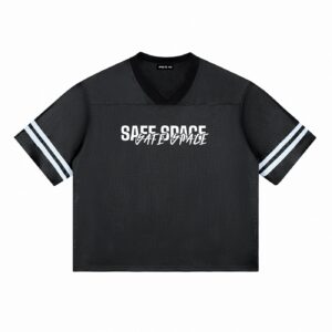 Black mesh sports jersey with light blue stripes on the sleeves and 'SAFE SPACE' printed across the chest.