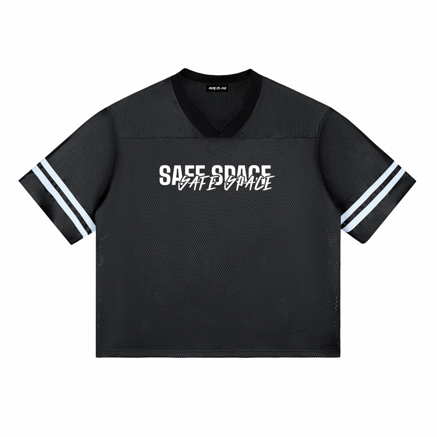 Black mesh sports jersey with light blue stripes on the sleeves and 'SAFE SPACE' printed across the chest.