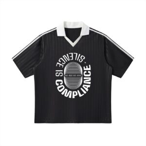 Black short-sleeve polo with a white collar and striped sleeves, featuring a large circular graphic logo on the front. The logo reads 'SCIENCE COMPLIANCE' around a striped central oval with small text 'RAGE. RESIST. REST. REPEAT.'