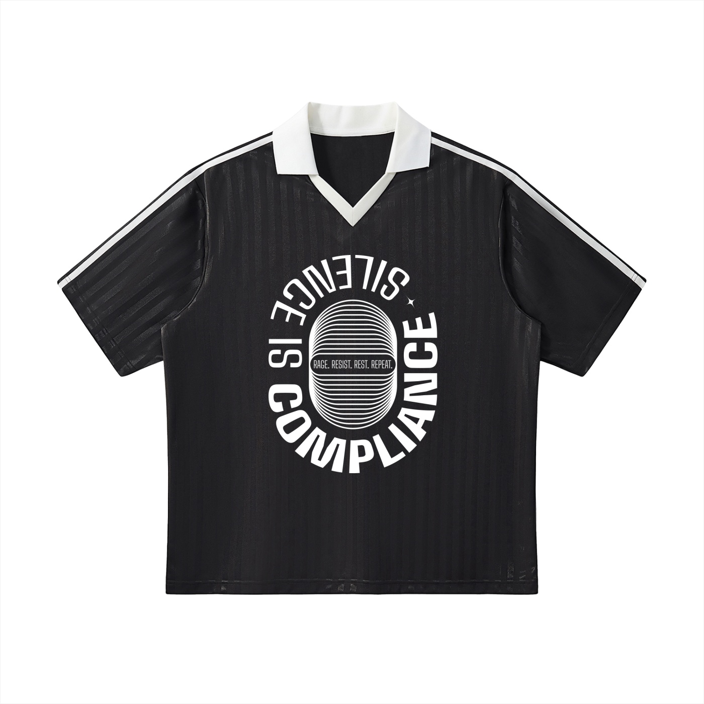 Black short-sleeve polo with a white collar and striped sleeves, featuring a large circular graphic logo on the front. The logo reads 'SCIENCE COMPLIANCE' around a striped central oval with small text 'RAGE. RESIST. REST. REPEAT.'