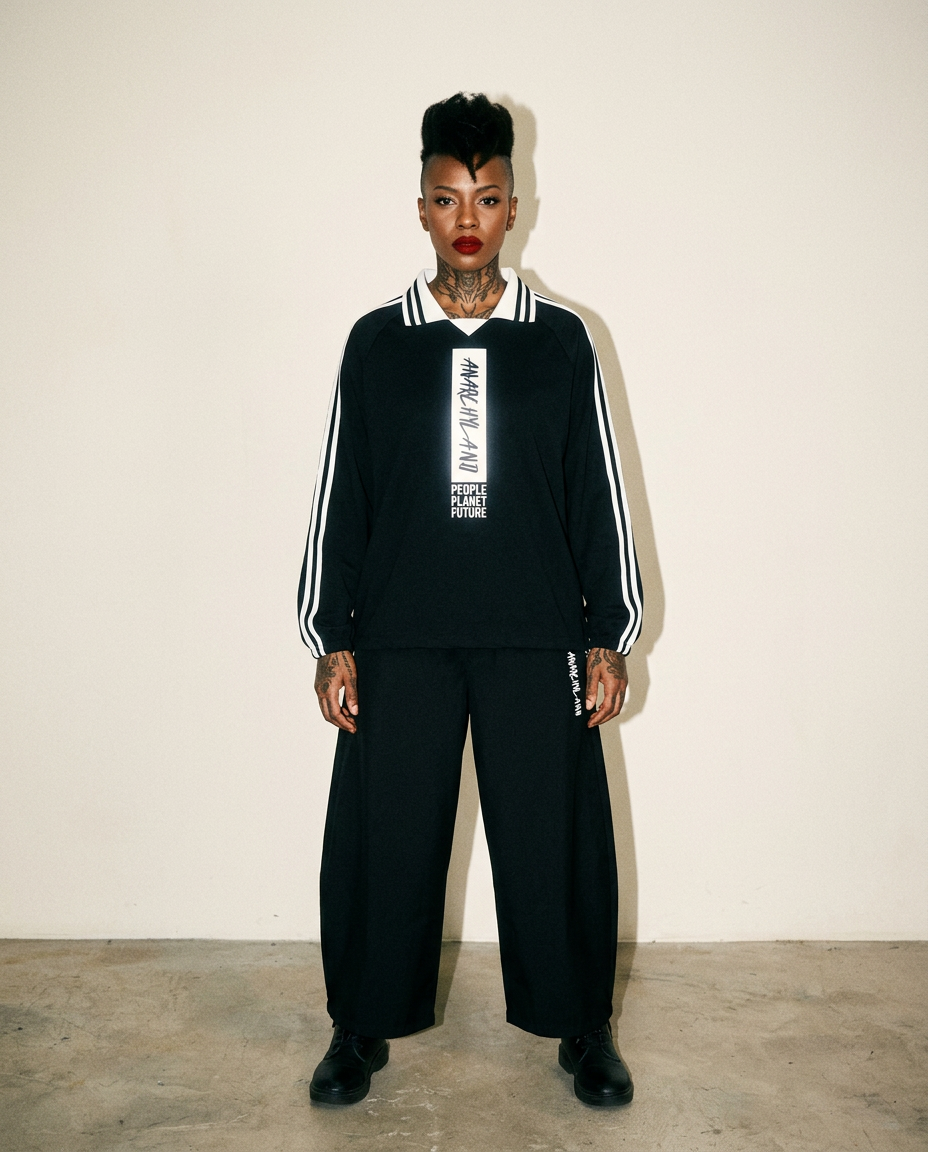 Person wearing a black tracksuit with white stripes stands against a beige wall, bold makeup and a tall mohawk.