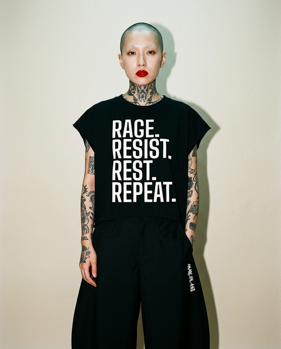 Person with a shaved head and visible tattoos wearing a black T-shirt that reads “RAGE. RESIST. REST. REPEAT.” stands against a beige wall.
