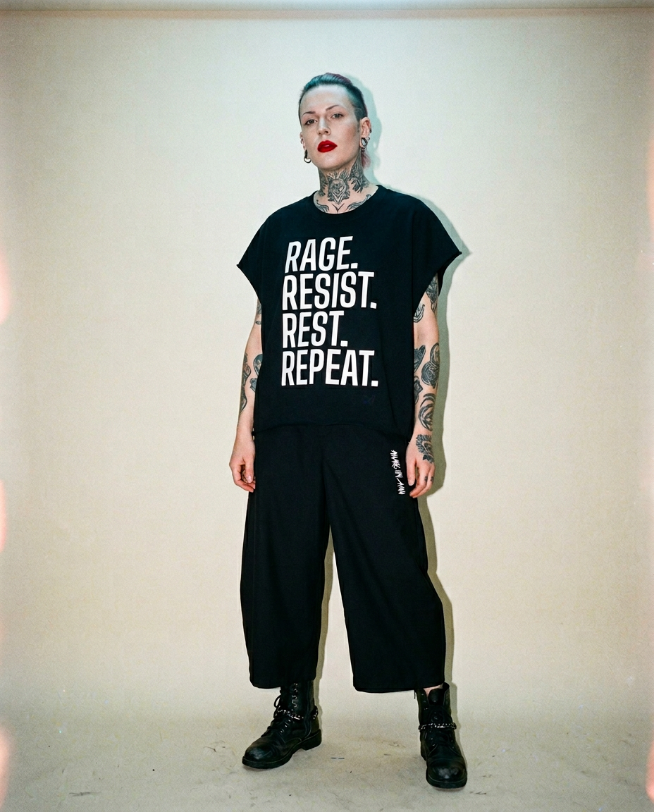 Model in black streetwear with bold slogan tee: 'RAGE. RESIST. REST. REPEAT.' Tattoos visible, standing in a studio. under 125 chars