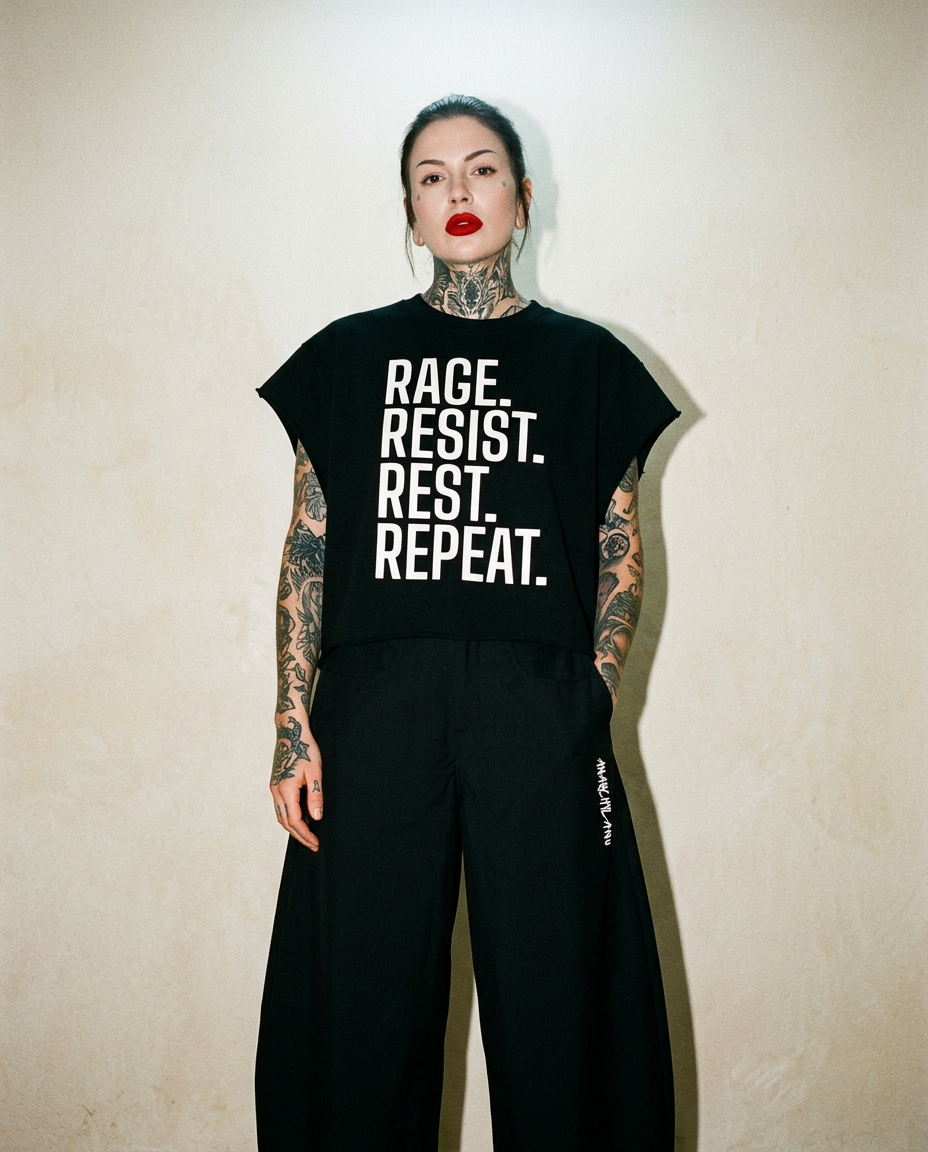 Person with tattoos wearing a black T‑shirt that reads 'RAGE. RESIST. REST. REPEAT.' stands facing the camera with hands at sides, against a beige wall.