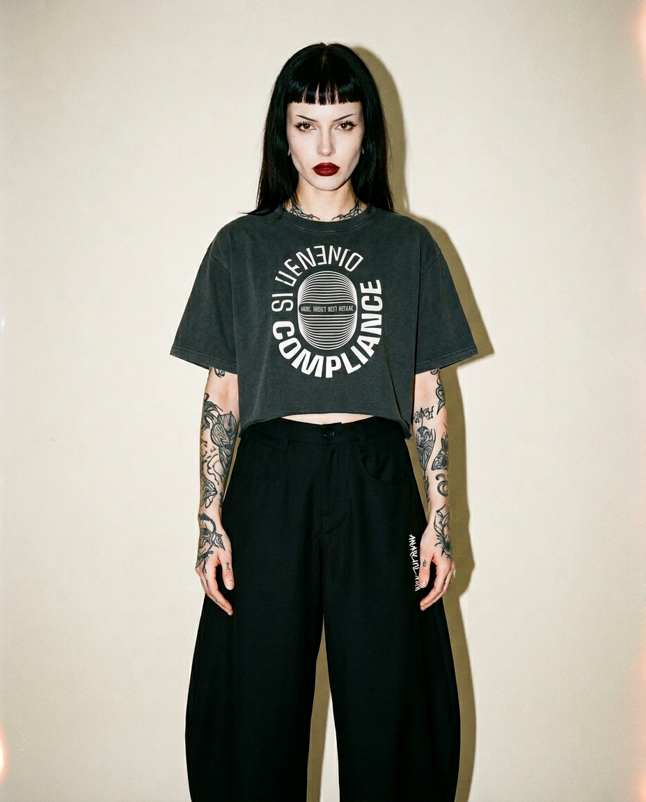 Woman with dark hair and red lipstick wearing a cropped gray graphic t-shirt and black wide-leg pants, tattoos on arms, neutral background.