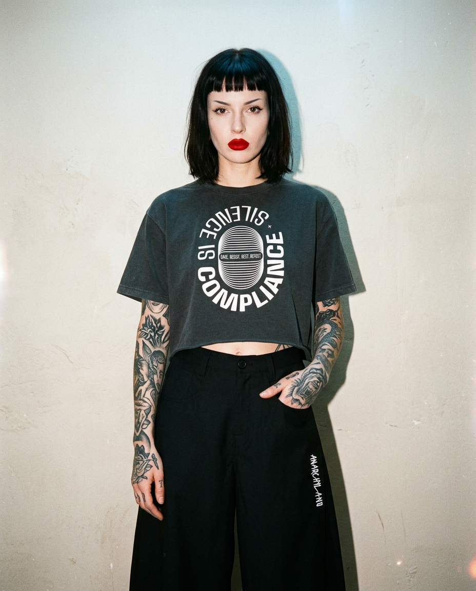Woman with blunt black hair and bold red lipstick wearing a cropped dark gray T-shirt with a circular logo, standing against a light wall; tattoos on both arms visible.