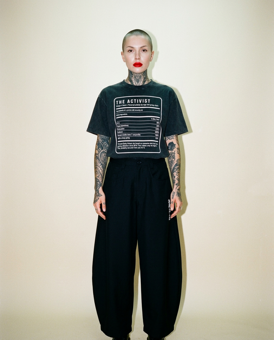 Person with a shaved head and visible tattoos wearing a black graphic t‑shirt labeled 'THE ACTIVIST' and oversized black pants, posed against a neutral studio backdrop.