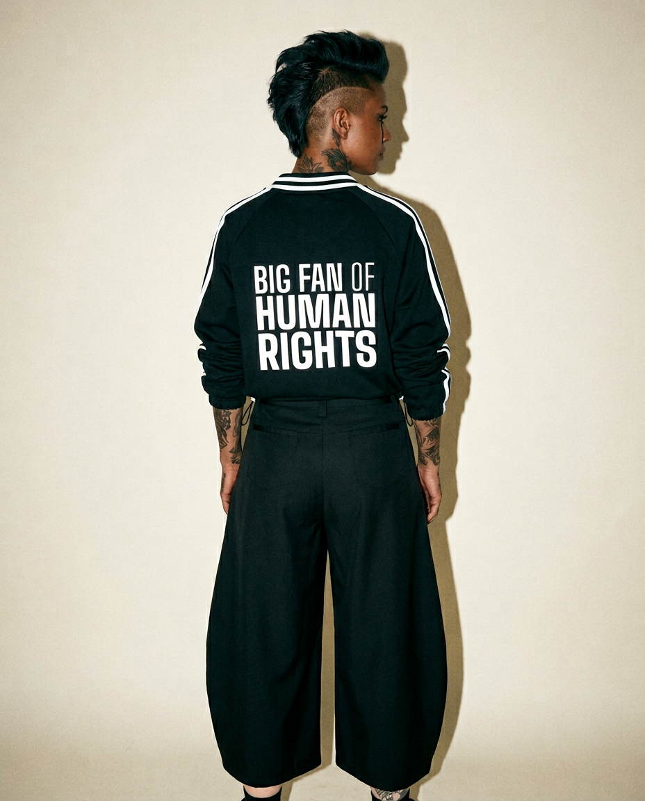 Person facing away, wearing a black varsity-style jacket with the bold message 'BIG FAN OF HUMAN RIGHTS' on the back and wide black pants.