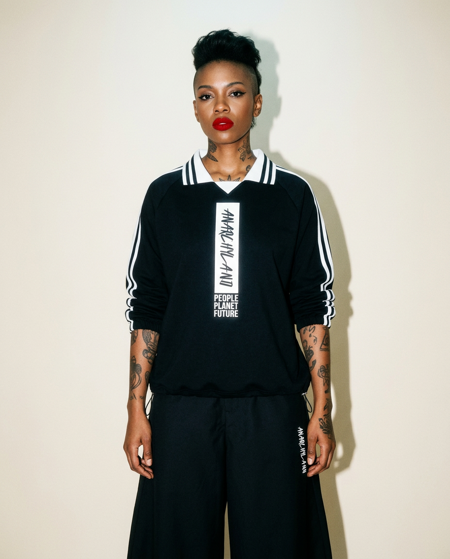 Person with a short mohawk, bold red lipstick, and tattoos, wearing a black tracksuit with white stripes, standing against a light beige wall; a vertical white panel on the chest reads 'ANARCHY PLANET FUTURE'