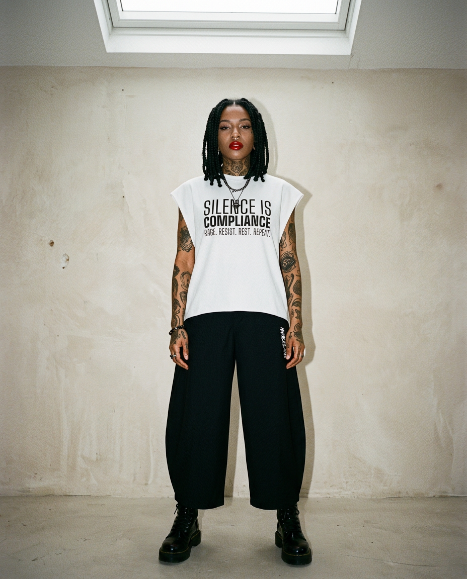 Person with braided hair and red lipstick standing in a beige studio, wearing a white sleeveless shirt that reads 'SILENCE IS COMPLIANCE' and black wide-leg pants.