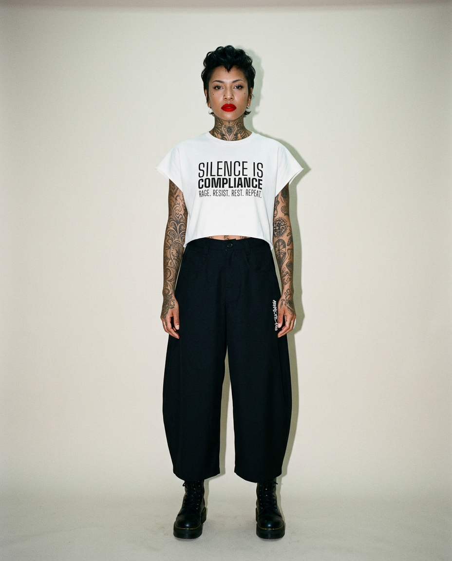 Model with short dark hair and red lipstick faces the camera, wearing a white cropped T-shirt that reads 'SILENCE IS COMPLIANCE' with black wide-leg pants and combat boots, showing full tattoos on arms and neck in a studio setting.