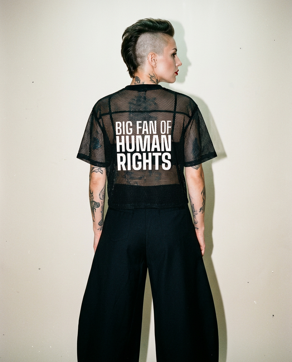 Back view of a person wearing a black mesh shirt with the bold slogan 'BIG FAN OF HUMAN RIGHTS' on the back, standing against a light wall.
