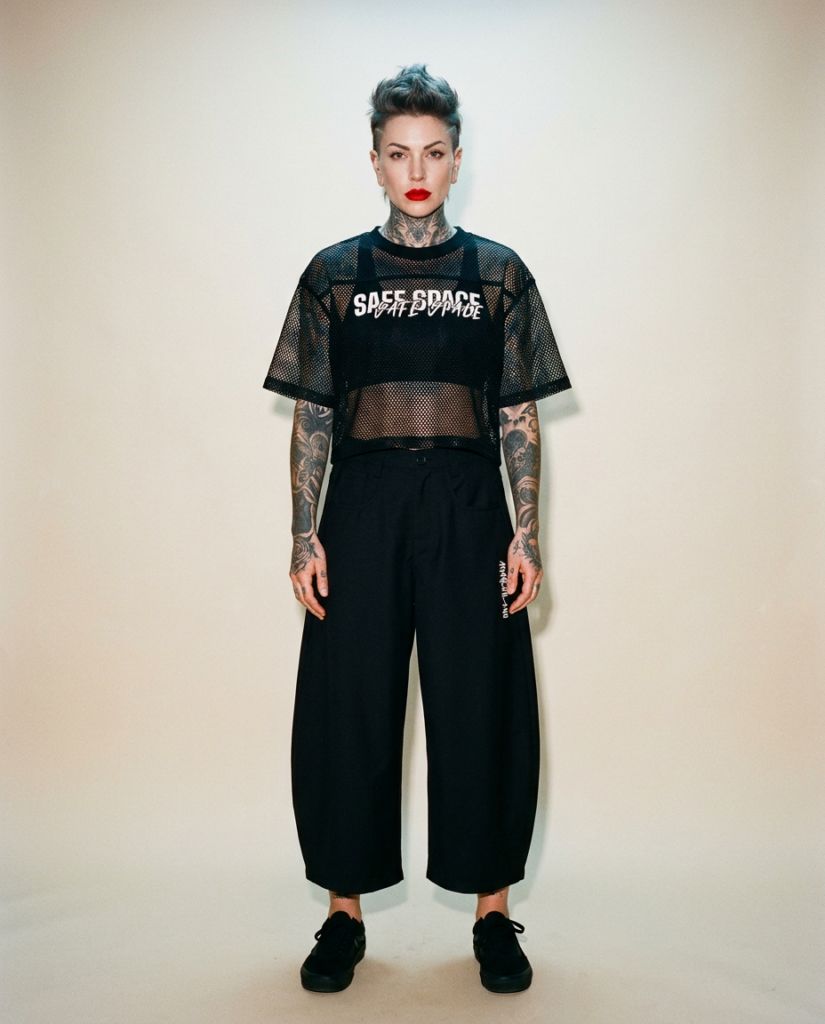 Person with short styled hair and bold red lipstick stands facing the camera in a black mesh top over a bralette and wide black pants showing extensive tattoos on arms and neck against a neutral background