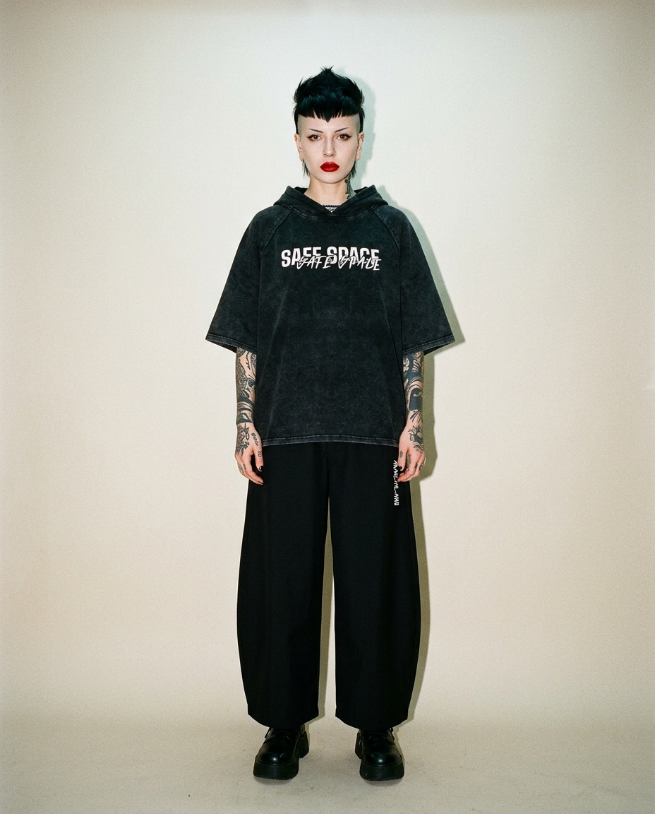 Person with short black hair, bold makeup, and tattoos wearing an oversized black hoodie with a white logo and wide-leg black pants, standing against a beige backdrop.