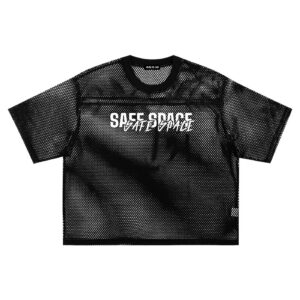 Black mesh cropped T-shirt with a white 'SAFE SPACE' graphic across the chest, shown against a white background.