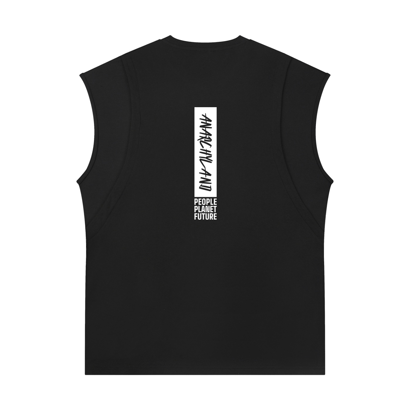https://ajmall-vc-public-bucket.oss-us-west-1.aliyuncs.com/hugepod/material/custom_printing/aafd98e75cd74b4aa939b870d126638f.png ⟢ Anarchyland Black sleeveless T-shirt featuring a vertical white label with stylized black text and the slogan 'PEOPLE PLANET FUTURE' beneath it.