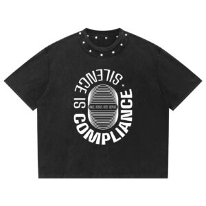 Black T‑shirt with a white circular graphic: words 'SILENCE IS VIOLENCE' around a striped microphone and the slogan 'RAGE RESIST REST REPEAT' in the center edge.