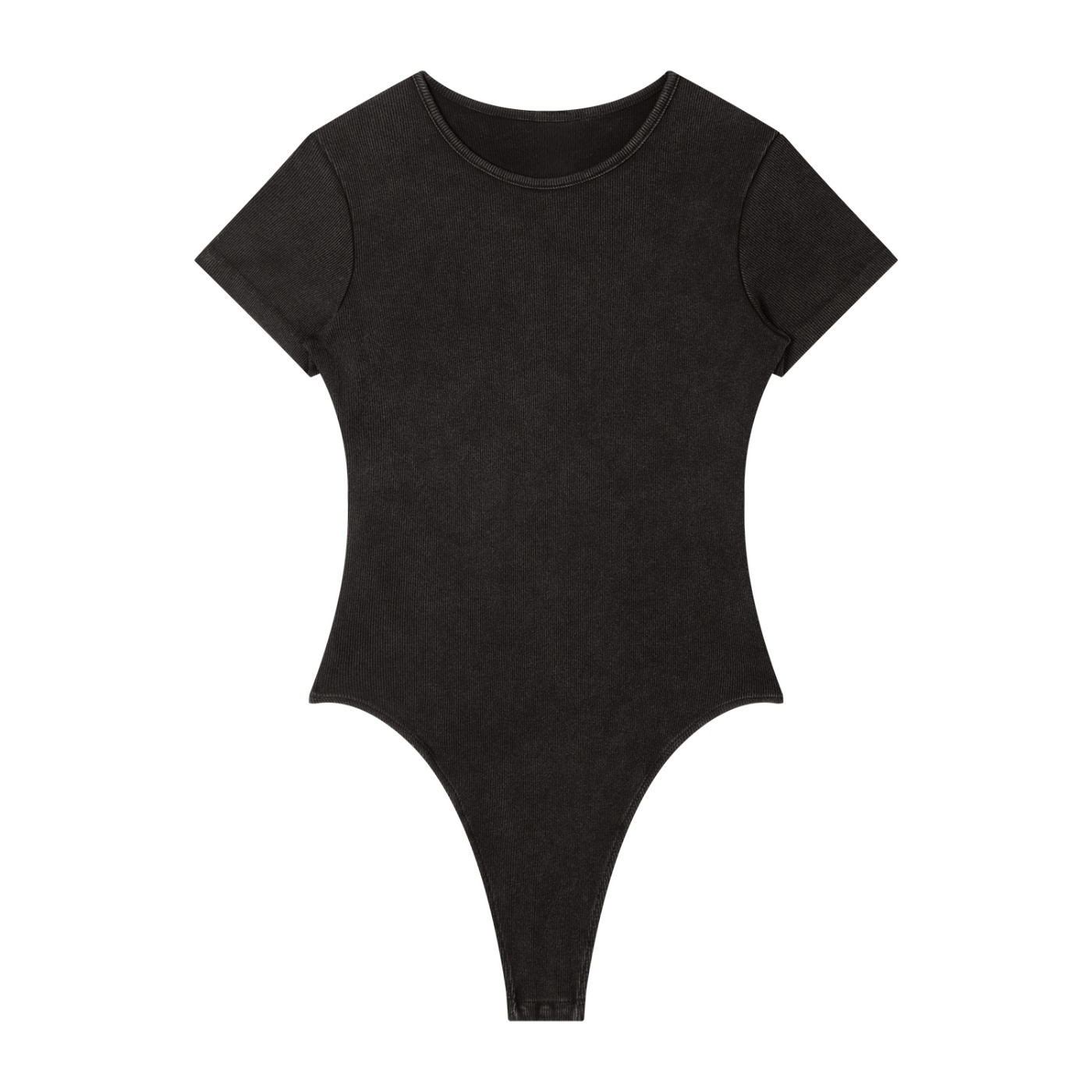 Black ribbed short-sleeve bodysuit with a high-cut, thong-style bottom and crew neckline