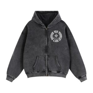Dark gray zip hoodie with a white circular sunburst logo on the left chest, hood up and front pockets visible.