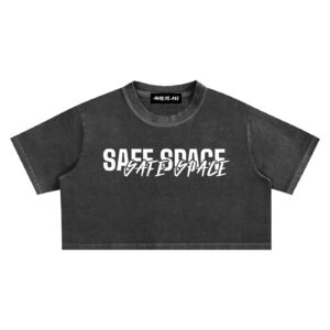Dark gray cropped T-shirt featuring bold 'SAFE SPACE' text with a graffiti-style 'GAY SPACE' overlay across the letters.