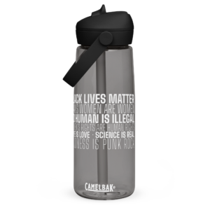 CamelBak water bottle with black lid and strap, gray body, printed white slogans like 'BLACK LIVES MATTER' around the bottle edge.