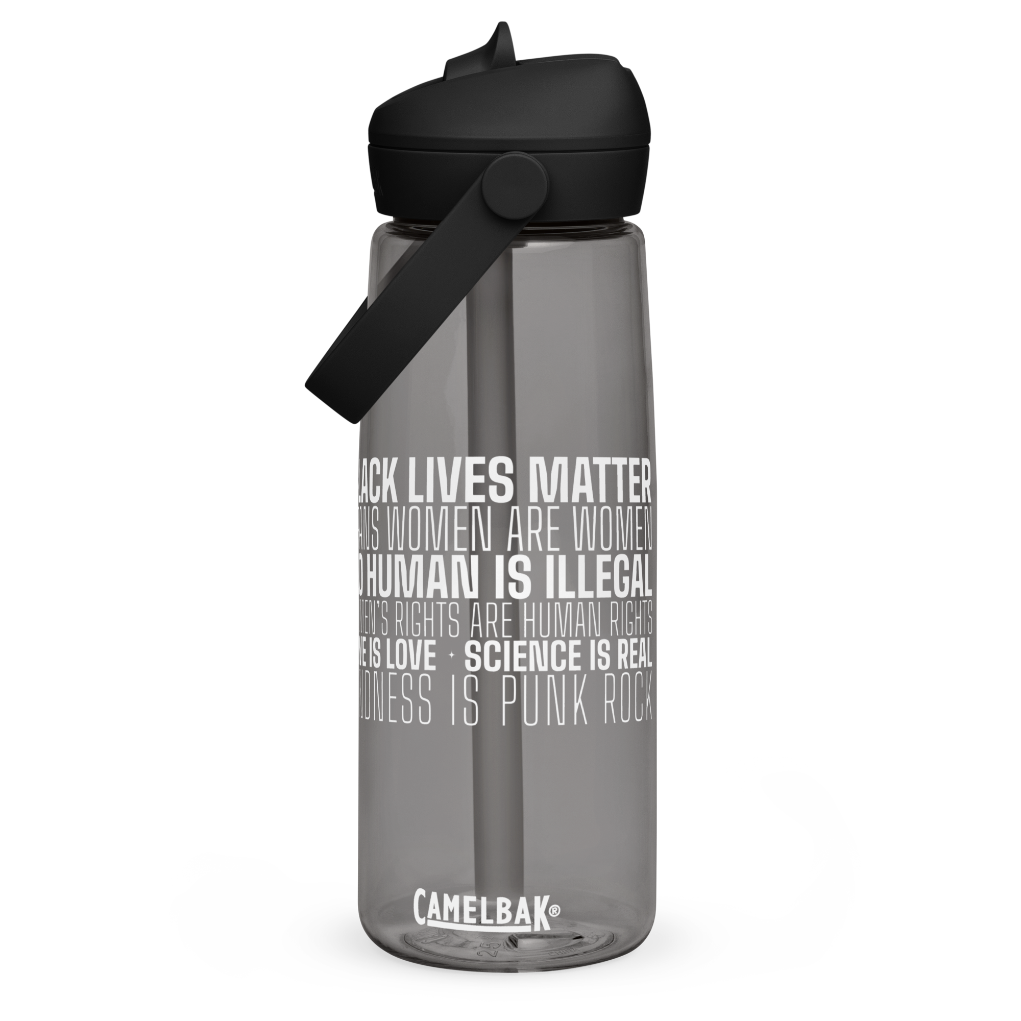 CamelBak water bottle with black lid and strap, gray body, printed white slogans like 'BLACK LIVES MATTER' around the bottle edge.