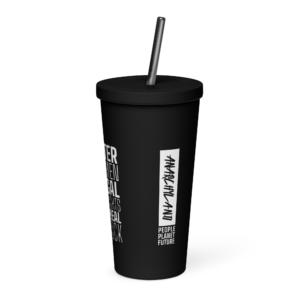 Black tumbler with lid and metal straw on a dark background, featuring white vertical logo and the text 'People Planet Future' on the side.