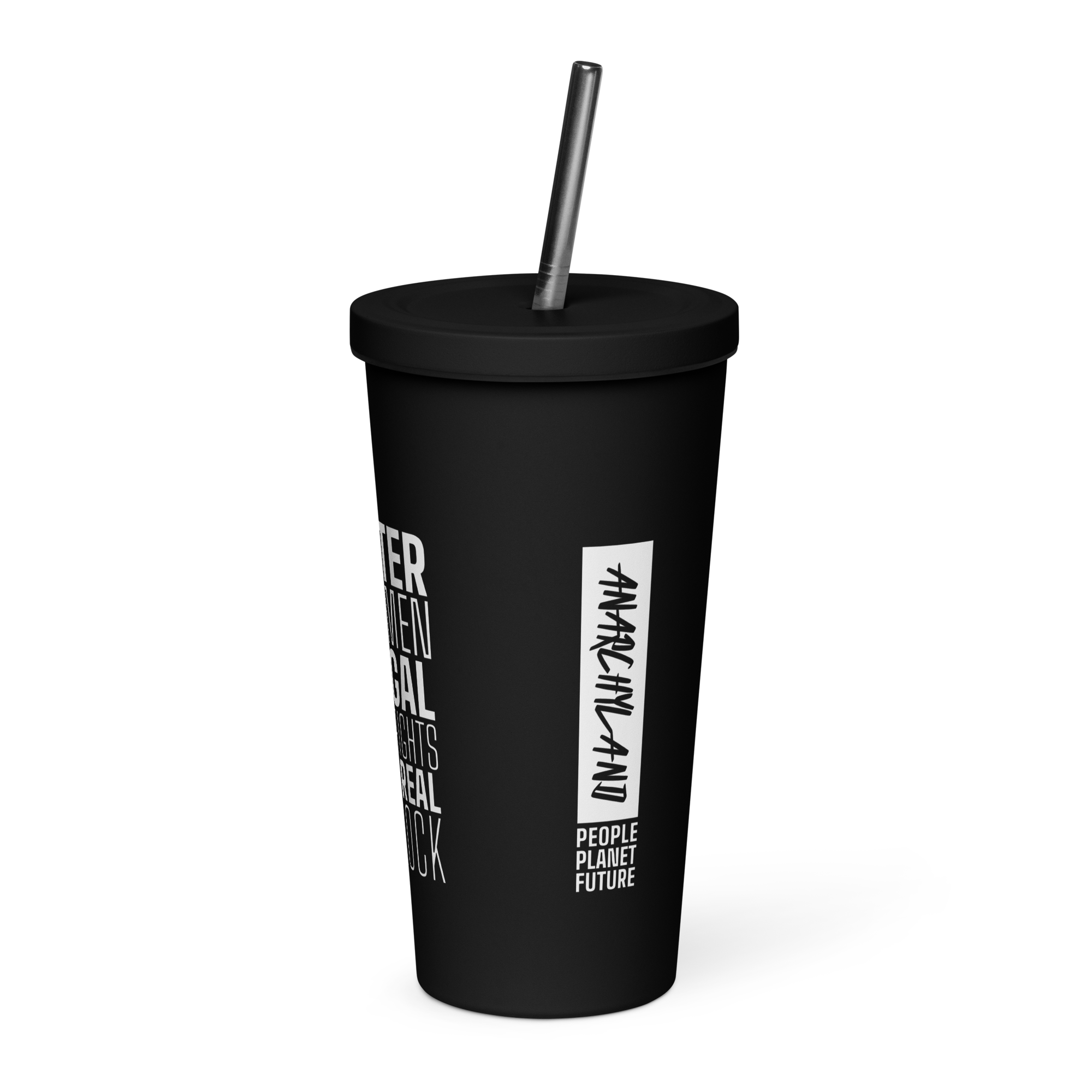 Black tumbler with lid and metal straw on a dark background, featuring white vertical logo and the text 'People Planet Future' on the side.