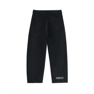 Back view of black pants with belt loops and two rear pockets, no visible branding.