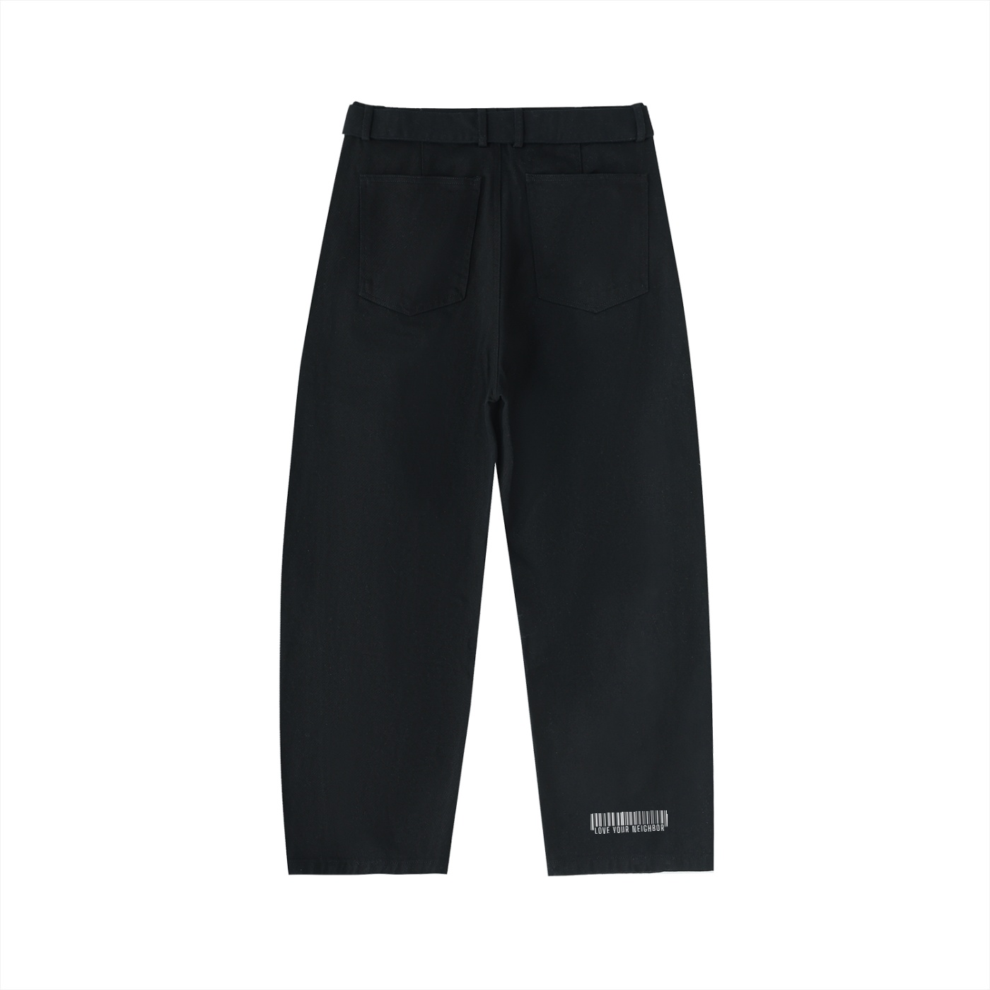 Back view of black pants with belt loops and two rear pockets, no visible branding.