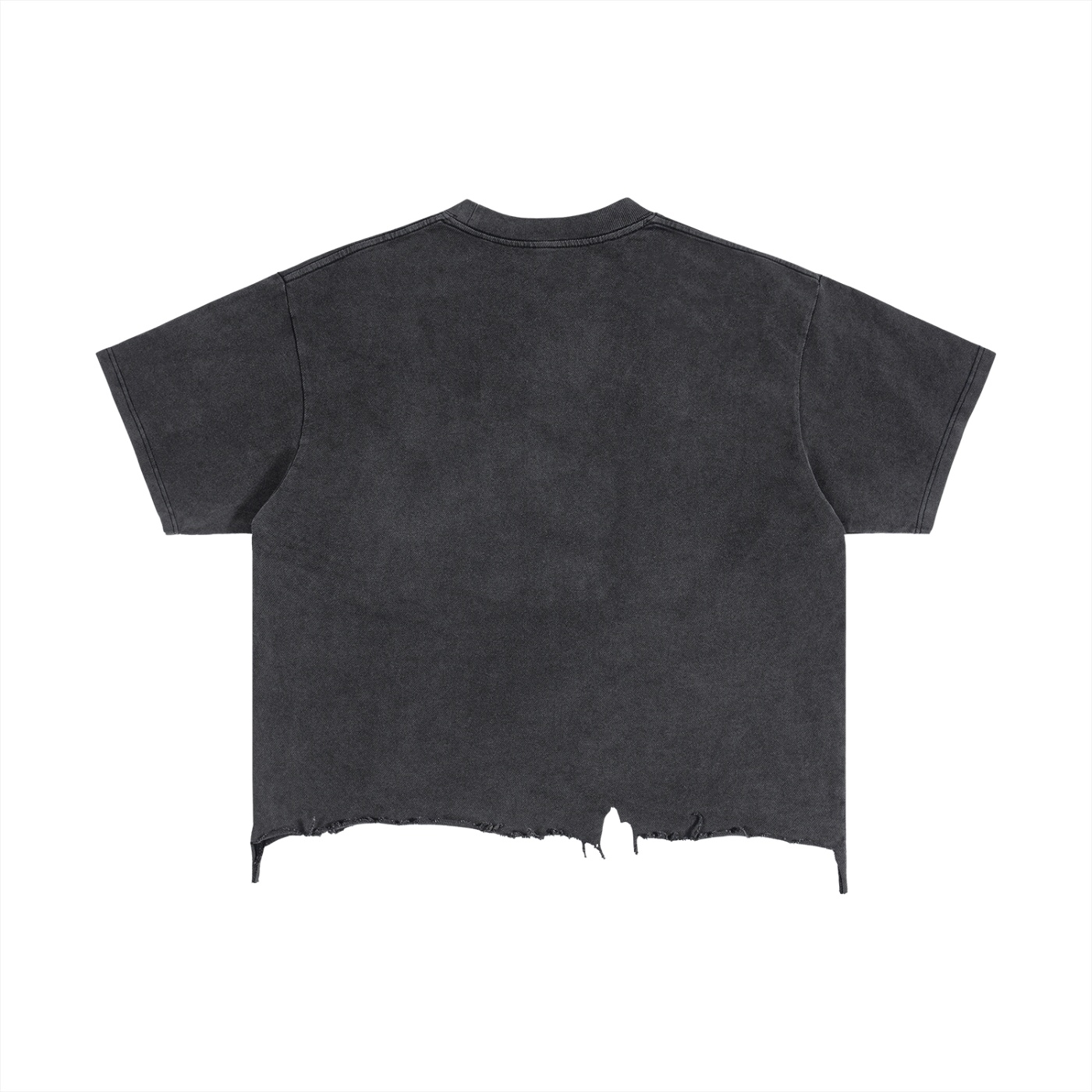 https://ajmall-vc-public-bucket.oss-us-west-1.aliyuncs.com/hugepod/material/custom_printing/8140c8ecbf5242eea3a84cc66bd5c02e.png ⟢ Anarchyland Back view of a charcoal cropped t shirt with a frayed hem and faded wash