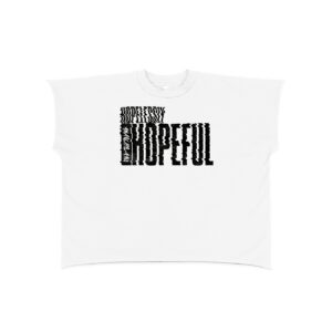 White T-shirt featuring a large black glitchy text design across the chest.