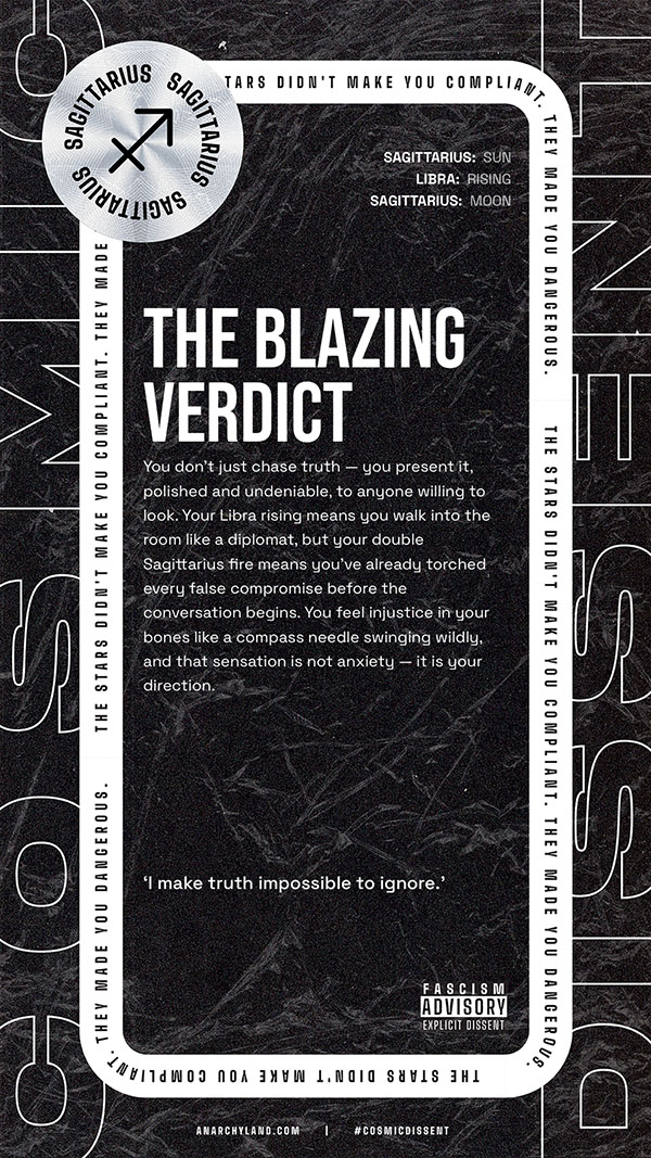 Poster cover for the blazing verdict on a black marble background with bold white title and a circular sagittarius symbol near the top left corner surrounded by framed border text