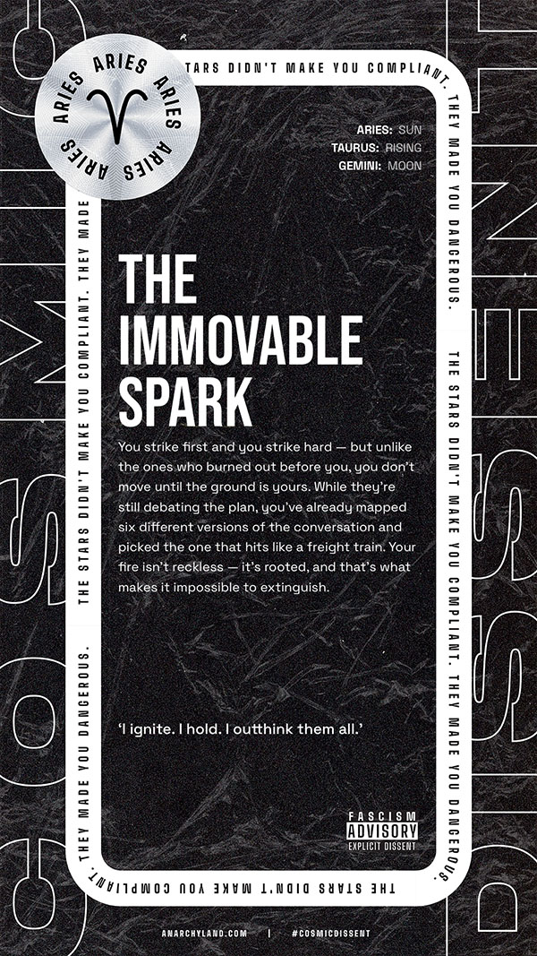 Poster cover for the immovable spark bold white title on dark marble surrounded by a white framed border and an aries emblem at the top left