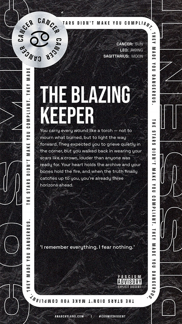 Poster design for the blazing keeper on a dark marbled background with white bordered frame and a cancer zodiac emblem in a circular seal