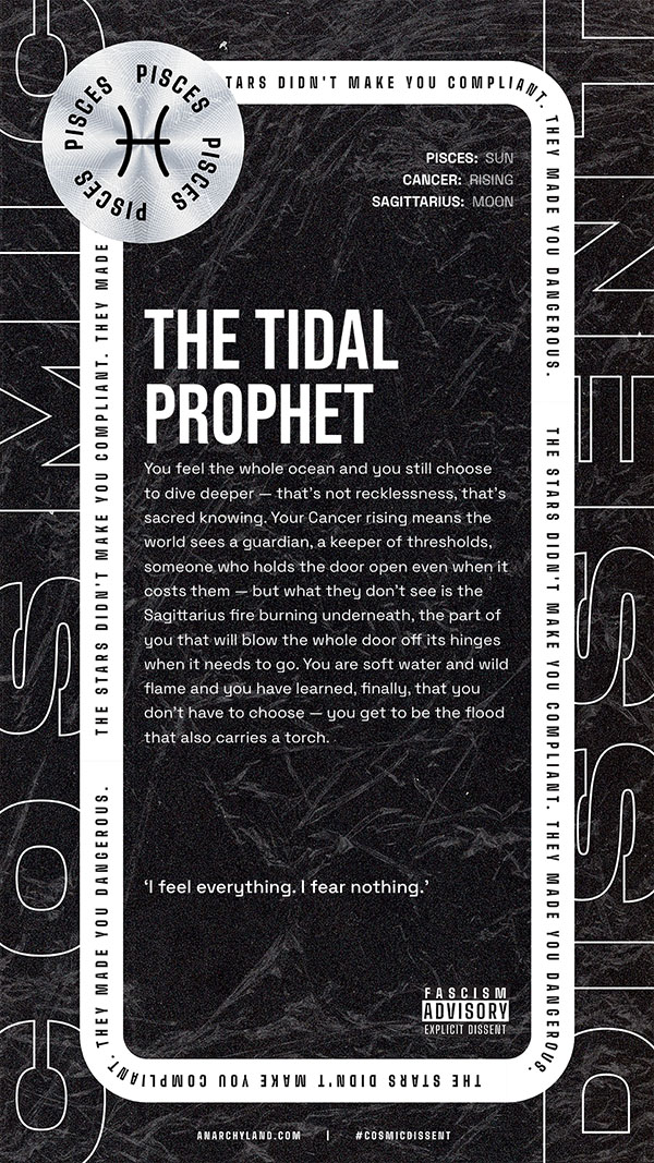 Poster for the tidal prophet featuring a large white title on a black marble background with a circular pisces symbol and white scrolling borders of text around the edges
