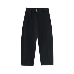 Black tailored black pants with a matching fabric belt and silver buckle, front pleats visible and straight legs