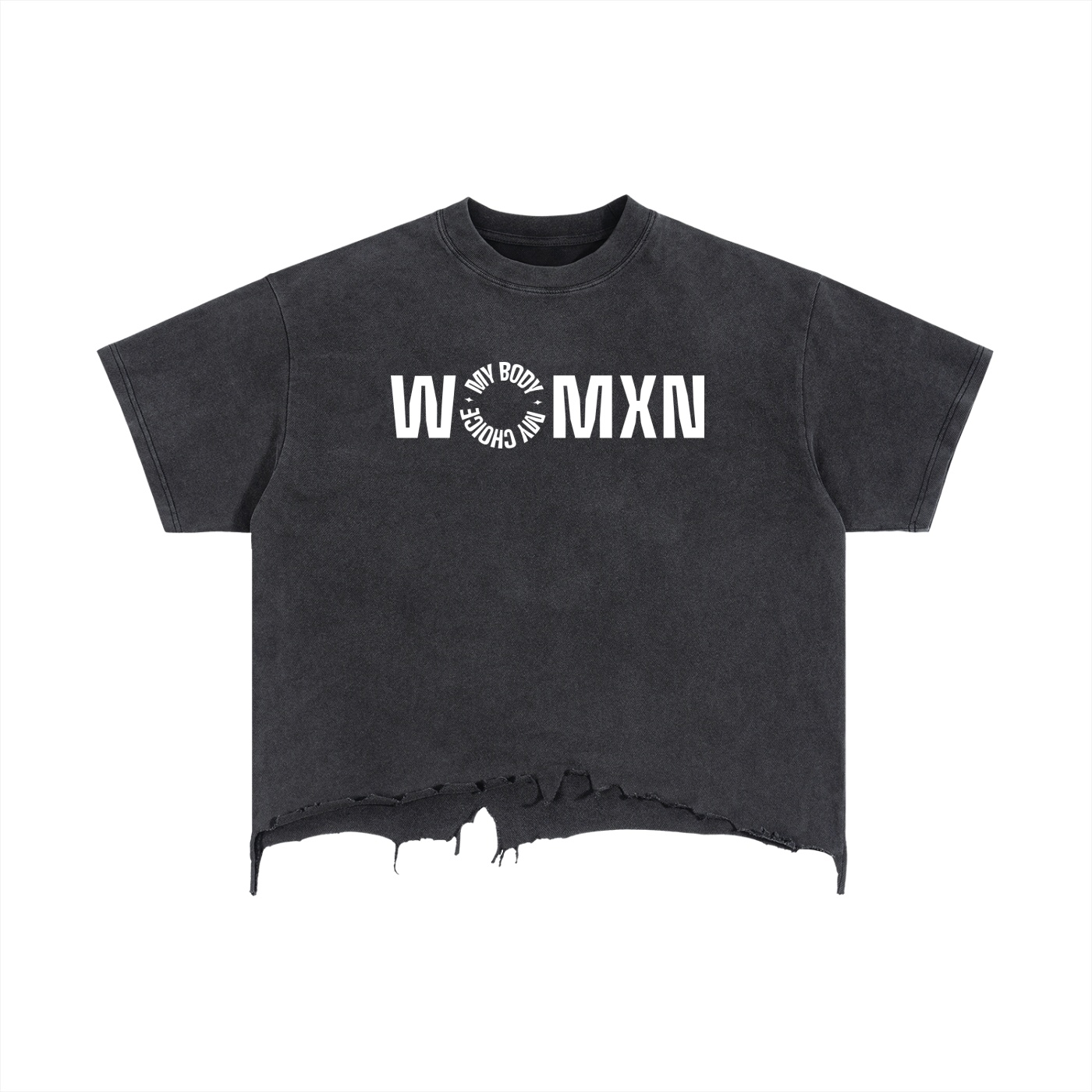 Black cropped T-shirt with distressed hem and bold white 'WOMXN' across the chest, featuring a circular slogan between the letters.