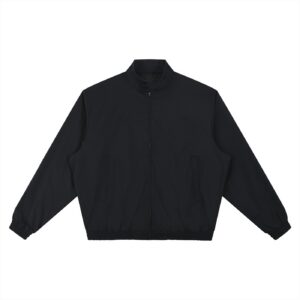 Black zip-up jacket with stand collar and elastic cuffs, front pockets visible, plain design on white background