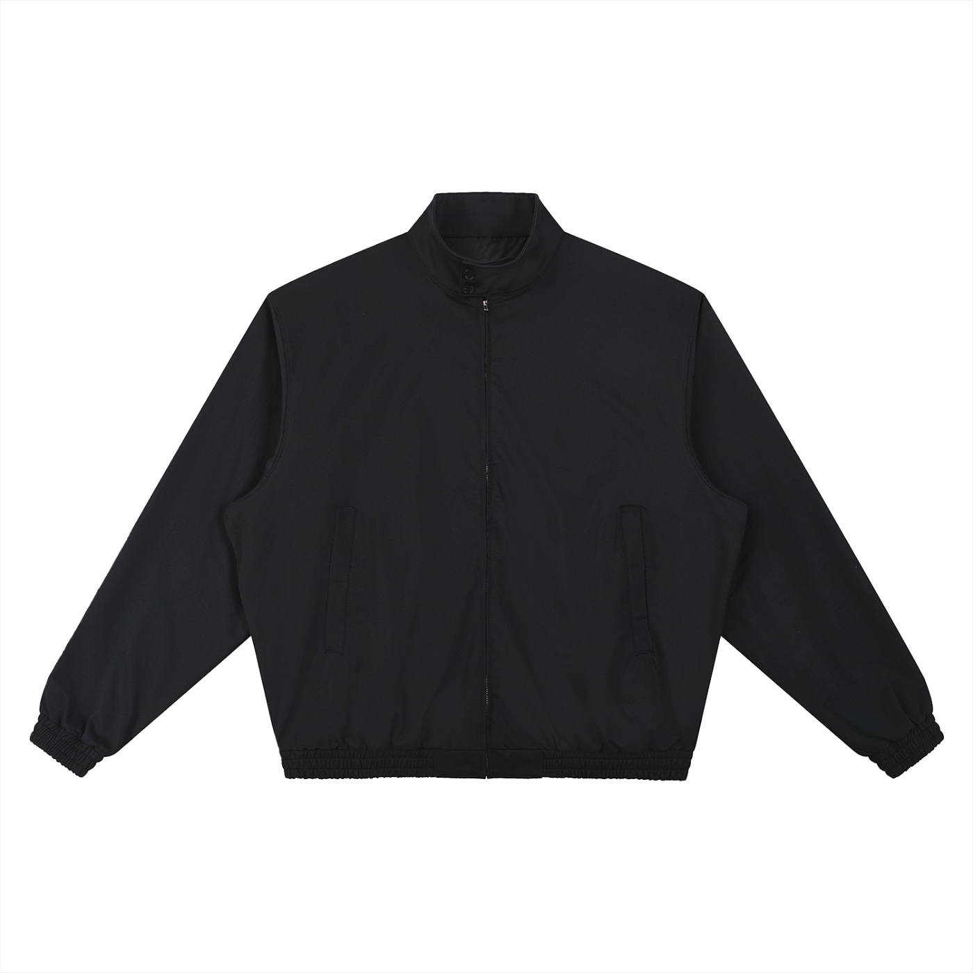 Black zip up jacket with stand collar and elastic cuffs front pockets visible plain design on white background