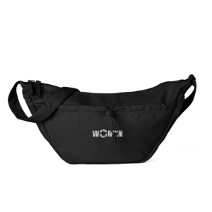 Black sling bag photographed from the side, showing front pocket zippers and a small white logo on the front.