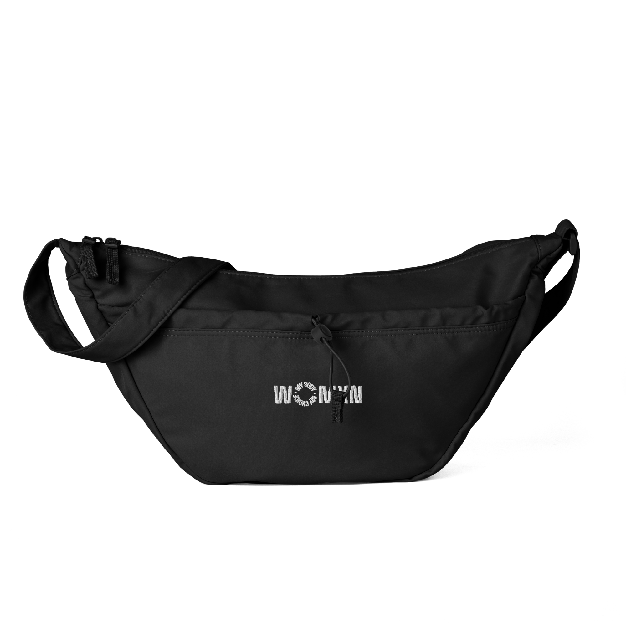 everyday-crossbody-bag-black-front-6a08cc646de96png ⟢ Anarchyland Black sling bag photographed from the side, showing front pocket zippers and a small white logo on the front.