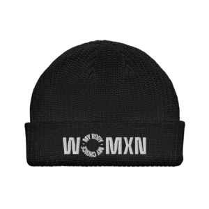 Black knitted beanie with a white circular logo and large white text on the front; unreadable logo details due to image resolution.