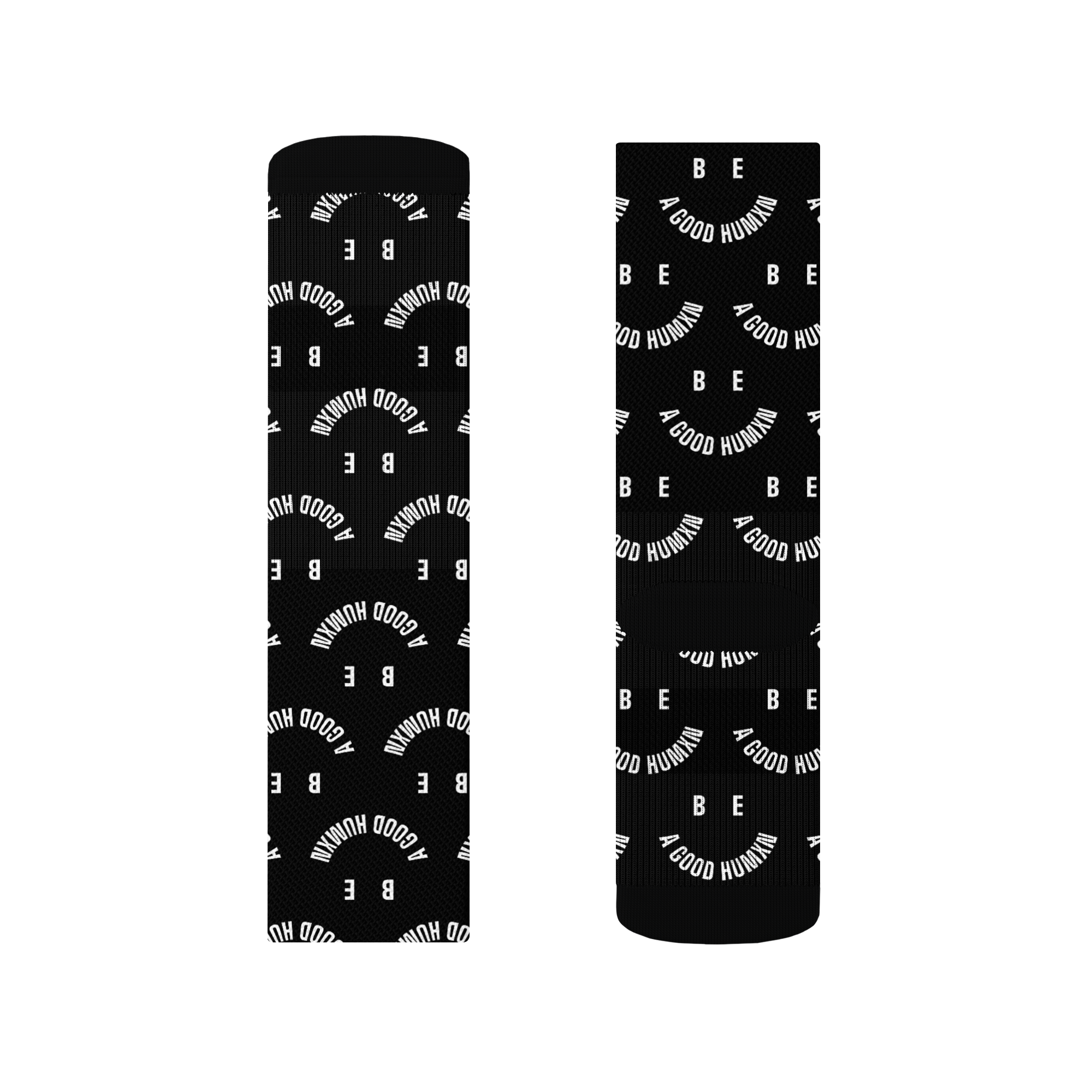 Two vertical black fabric textured panels with repeating curved white text a good human and scattered letters like be