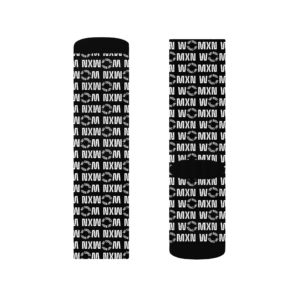 Two tall black bottles or tumblers wrapped in a dense white logo pattern with circular emblems and bold letters, standing apart on a black background.